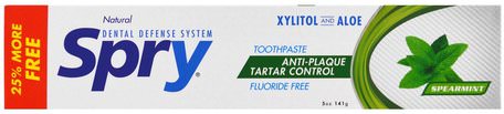Spry Toothpaste, Anti-Plaque Tartar Control, Fluoride Free, Natural Spearmint, 5 oz (141 g) by Xlear-Bad, Skönhet, Oral Tandvård, Xylitol Oral Vård, Tandkräm