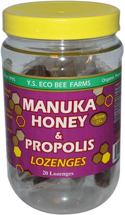 Manuka Honey & Propolis Lozenges, Active 15+, 20 Lozenges, 3.2 oz (92 g) by Y.S. Eco Bee Farms-Mat, Sötningsmedel, Biprodukter, Bi Propolis
