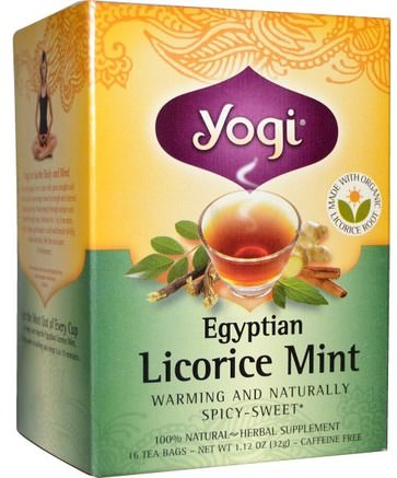 Egyptian Licorice Mint, Caffeine Free, 16 Tea Bags, 1.12 oz (32 g) by Yogi Tea-Mat, Örtte, Lakritsrotte, Kosttillskott, Adaptogen