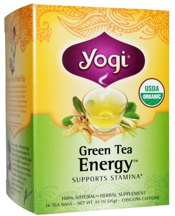 Organic Green Tea Energy, Caffeine, 16 Tea Bags.92 oz (26 g) by Yogi Tea-Mat, Örtte, Kombucha Urtete, Kosttillskott, Kombucha