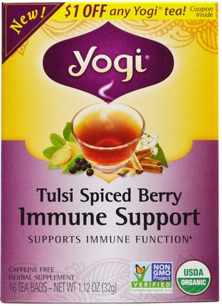 Tulsi Spiced Berry Immune Support, 16 Tea Bags, 1.12 oz (32 g) by Yogi Tea-Mat, Örtte, Kall Influensa Och Virus, Immunsystem