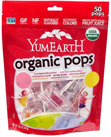 Organic Pops, Assorted Flavors, 50 Pops, 12.3 oz (349 g) by YumEarth-Mat, Mellanmål, Godis
