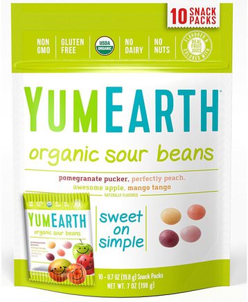 Organic Sour Beans, Assorted Flavors, 10 Snack Packs, 0.7 oz (19.8 g) Each by YumEarth-Mat, Mellanmål, Godis