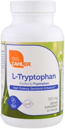 L-Tryptophan, Purified L-Tryptophan, 500 mg, 60 Capsules by Zahler-Kosttillskott, L Tryptofan, Anti Stress Stämning Stöd