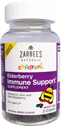 Childrens, Mighty Bee, Elderberry immune Support, Natural Berry, 21 Gummies by Zarbees-Barns Hälsa, Barngummier