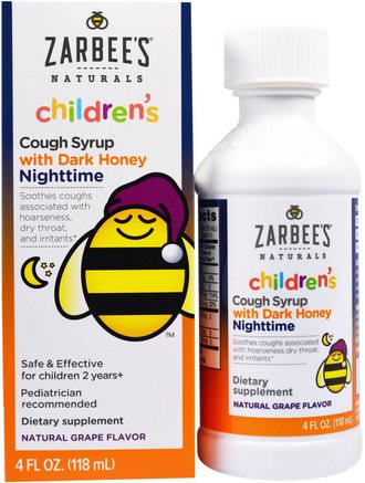 Childrens Nighttime Cough Syrup, Natural Grape Flavor, 4 fl oz (118 ml) by Zarbees-Kosttillskott, Melatonin 1 Mg