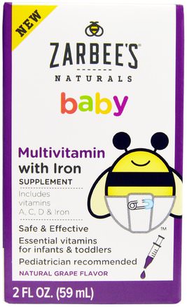 Naturals, Baby, Multivitamin, with Iron, Natural Grape Flavor, 2 fl oz (59 ml) by Zarbees-Vitaminer, Multivitaminer, Barn Multivitaminer
