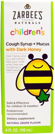 Naturals, Childrens Cough Syrup + Mucus, with Dark Honey, Natural Grape Flavor, 4 fl oz (118 ml) by Zarbees-Hälsa, Kall Influensa Och Virus, Hostasirap, Barns Hälsa, Barns Växtbaserade Läkemedel