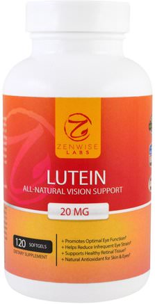 Lutein, All Natural Vision Support, 20 mg, 120 Softgels by Zenwise Health-Kosttillskott, Antioxidanter, Lutein