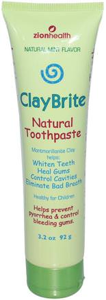 ClayBrite, Natural Toothpaste, Natural Mint Flavor, 3.2 oz (92 g) by Zion Health-Bad, Skönhet, Oral Tandvård, Tandblekning, Tandkräm
