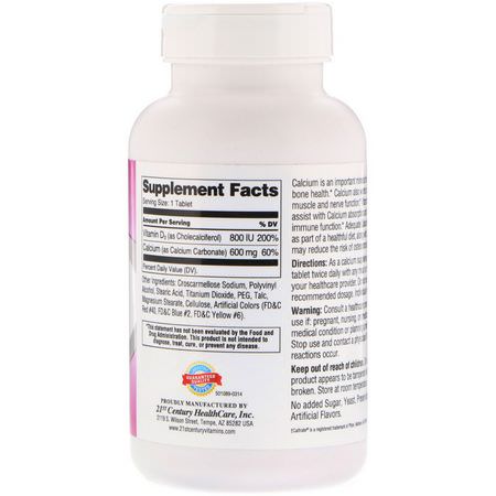 Kalcium Plus Vitamin D, Kalcium, Mineraler, Kosttillskott: 21st Century, 600+D3, Calcium Supplement, 200 Tablets
