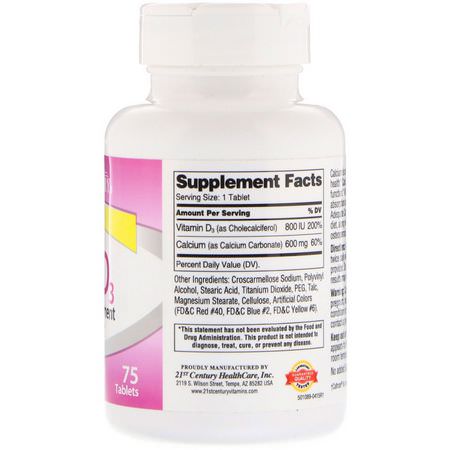Kalcium Plus Vitamin D, Kalcium, Mineraler, Kosttillskott: 21st Century, 600+D3, Calcium Supplement, 75 Tablets