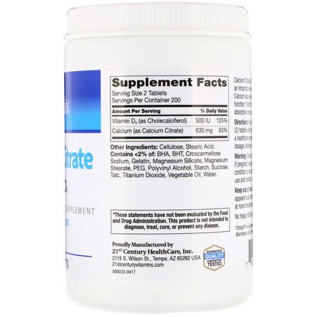 Kalcium Plus Vitamin D, Kalcium, Mineraler, Kosttillskott: 21st Century, Calcium Citrate Maximum + D3, 400 Tablets