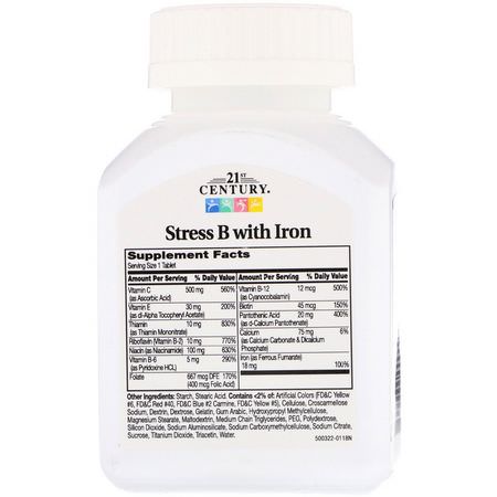 Vitamin B, Vitaminer, Kosttillskott: 21st Century, Stress B, with Iron, 66 Tablets