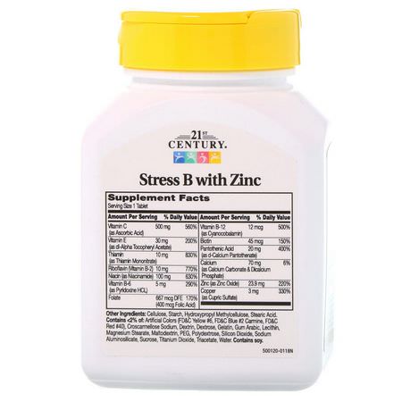Vitamin B, Vitaminer, Kosttillskott: 21st Century, Stress B, with Zinc, 66 Tablets