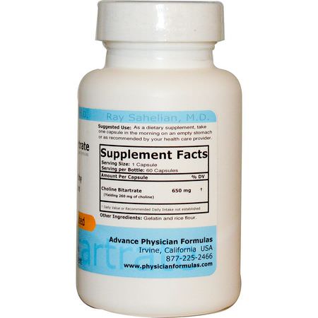 Choline, Mineraler, Kosttillskott: Advance Physician Formulas, Choline Bitartrate, 650 mg, 60 Capsules
