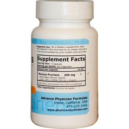 Mucuna, Ayurvediska Örter, Homeopati, Örter: Advance Physician Formulas, Mucuna Pruriens, 200 mg, 60 Capsules