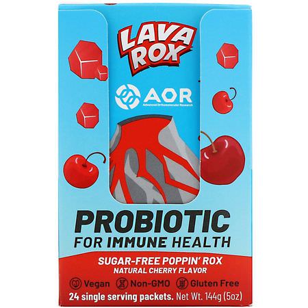 Probiotika, Matsmältning, Kosttillskott: Advanced Orthomolecular Research AOR, Lava Rox, Probiotic for Immune Health, Natural Cherry Flavor, 24 Packets, .2 oz (6 g) Each