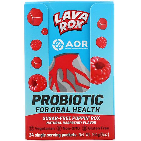Probiotika, Matsmältning, Kosttillskott: Advanced Orthomolecular Research AOR, Lava Rox, Probiotic for Oral Health, Natural Raspberry Flavor, 24 Packets, .2 oz (6 g) Each