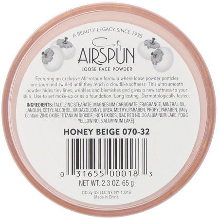 Ställa In Spray, Pulver, Ansikte, Smink: Airspun, Loose Face Powder, Honey Beige 070-32, 2.3 oz (65 g)