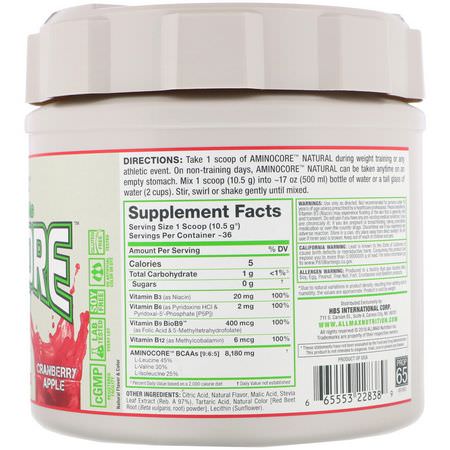 Bcaa, Aminosyror, Kosttillskott: ALLMAX Nutrition, Aminocore Natural, Instantized BCAAs, Cranberry Apple, 13.3 oz (378 g)