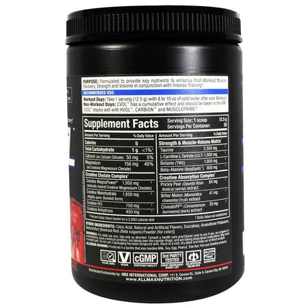 Aminosyror, Kosttillskott, Kreatin: ALLMAX Nutrition, C:VOL, Professional-Grade Creatine + Taurine + L-Carnitine Complex, Raspberry Kiwi Kamikaze, 13.2 oz (375 g)