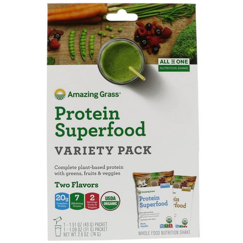Amazing Grass, Protein Superfood Variety Pack, Two Flavors, Chocolate Peanut Butter & Pure Vanilla, 2 Packets Review