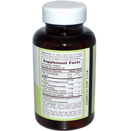 Proteolytiskt Enzym, Matsmältningsenzymer, Matsmältning, Kosttillskott: American Health, Papaya Enzyme with Chlorophyll, 250 Chewable Tablets
