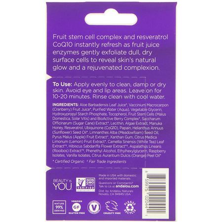 Anti-Aging Masks, Peels, Face Masks, Beauty: Andalou Naturals, Instant Age Defying, 8 Berry Fruit Enzyme Face Mask, .28 oz (8 g)