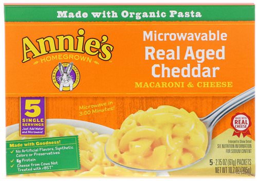 Annie's Homegrown, Microwavable Mac & Cheese, Real Aged Cheddar, 5 Packets, 2.15 oz (61 g) Each Review