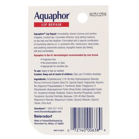 Läppbalsam, Läppvård, Bad: Aquaphor, Lip Repair, Immediate Relief, Fragrance Free, .35 fl oz (10 ml)