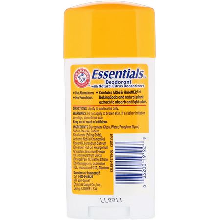 Deodorant, Bath: Arm & Hammer, Essentials Natural Deodorant, Unscented, 2.5 oz (71 g)