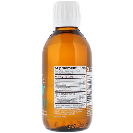 Alger Omega-3, Omegas Epa Dha, Fiskolja, Kosttillskott: Ascenta, NutraVege, Omega-3 Plant, Zesty Lemon Flavored, 500 mg, 6.8 fl oz (200 ml)