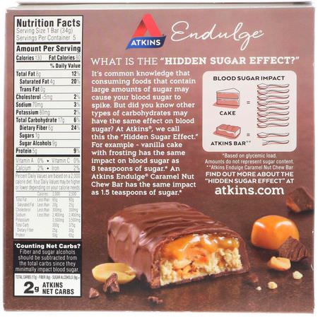 Mellanmålstänger, Näringsstänger: Atkins, Endulge, Caramel Nut Chew Bar, 5 Bars, 1.2 oz (34 g) Each