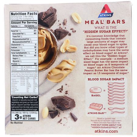 Snackbarer, Näringsstänger: Atkins, Meal Bar, Chocolate Peanut Butter Bar, 5 Bars, 2.12 oz (60 g) Each
