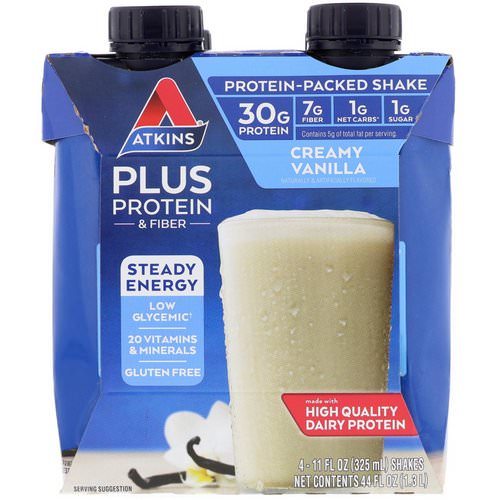 Atkins, Plus Protein & Fiber, Creamy Vanilla, 4 Shakes, 11 fl oz (325 ml) Each Review