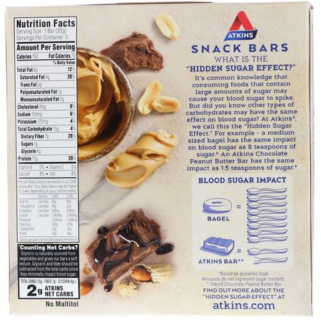 Mellanmålstänger, Spannmålstänger, Frukost, Barer: Atkins, Snack, Peanut Butter Fudge Crisp Bar, 5 Bars, 1.2 oz (35 g) Each