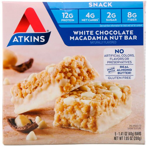 Atkins, Snacks, White Chocolate Macadamia Nut Bar, 5 Bars, 1.41 oz (40 g) Each Review