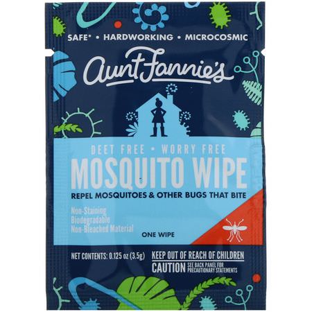 Insektsmedel, Bug, Bad: Aunt Fannie's, Mosquito Wipes, 10 Single Wrapped Wipes, 0.125 fl oz (3.5 g) Each
