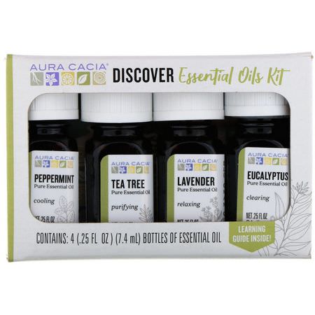 Presentpaket, Eteriska Oljor, Aromaterapi, Bad: Aura Cacia, Discover Essential Oils Kit, 4 Bottles, .25 fl oz (7.4 ml) Each