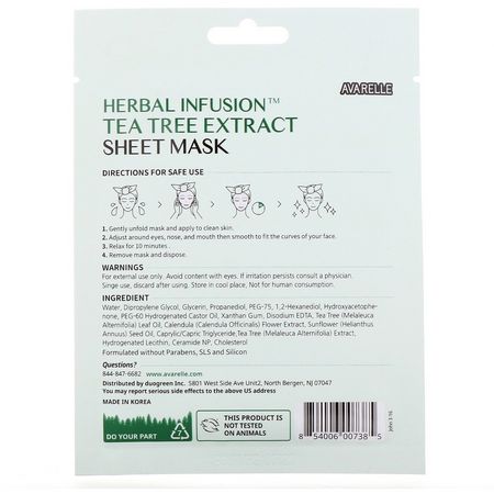 Hydrating Masks, Peels, Face Masks, Beauty: Avarelle, Herbal Infusion, Tea Tree Extract Sheet Mask, 1 Single Use Mask, 0.7 oz (20 g)