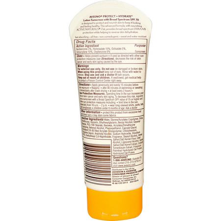 Solskydd För Kropp, Bad: Aveeno, Active Naturals, Protect + Hydrate Lotion, Sunscreen, SPF 70, 3 oz (85 g)
