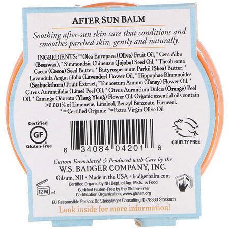 Solbränna, Efter Solvård, Bad: Badger Company, Organic, After Sun Balm, Blue Tansy & Lavender, 2 oz (56 g)