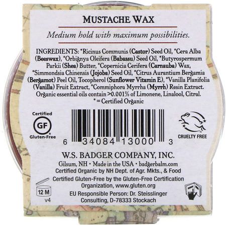 Skäggvård, Rakning, Herrskötsel, Bad: Badger Company, Organic Mustache Wax, Man Care, .75 oz (21 g)
