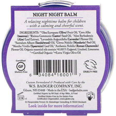 Barn Örter, Homeopati, Örter: Badger Company, Organic, Night-Night Balm, Lavender & Chamomile, 2 oz (56 g)