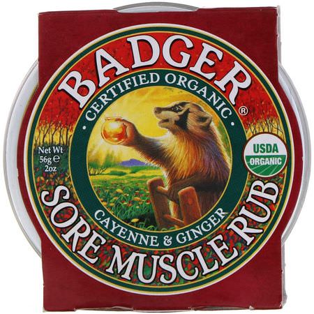 Salvor, Tematik, Första Hjälpen, Medicinskåpet: Badger Company, Organic, Sore Muscle Rub, Cayenne & Ginger, 2 oz (56 g)