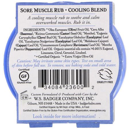 Smärtlindring, Salvor, Tematik, Första Hjälpen: Badger Company, Organic Sore Muscle Rub, Cooling Blend, 2 oz (56 g)