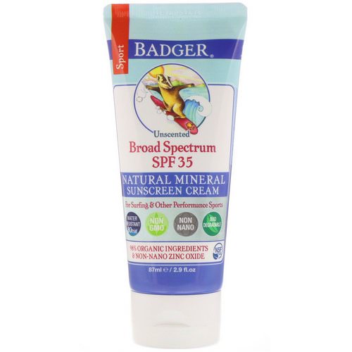 Badger Company, Sport, Natural Mineral Sunscreen Cream, SPF 35, Unscented, 2.9 fl oz (87 ml) Review