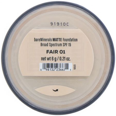 Foundation, Face, Makeup: Bare Minerals, Matte Foundation, SPF 15, Fair 01, 0.21 oz (6 g)