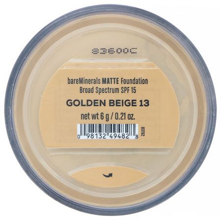 Foundation, Face, Makeup: Bare Minerals, Matte Foundation, SPF 15, Golden Beige 13, 0.21 oz (6 g)